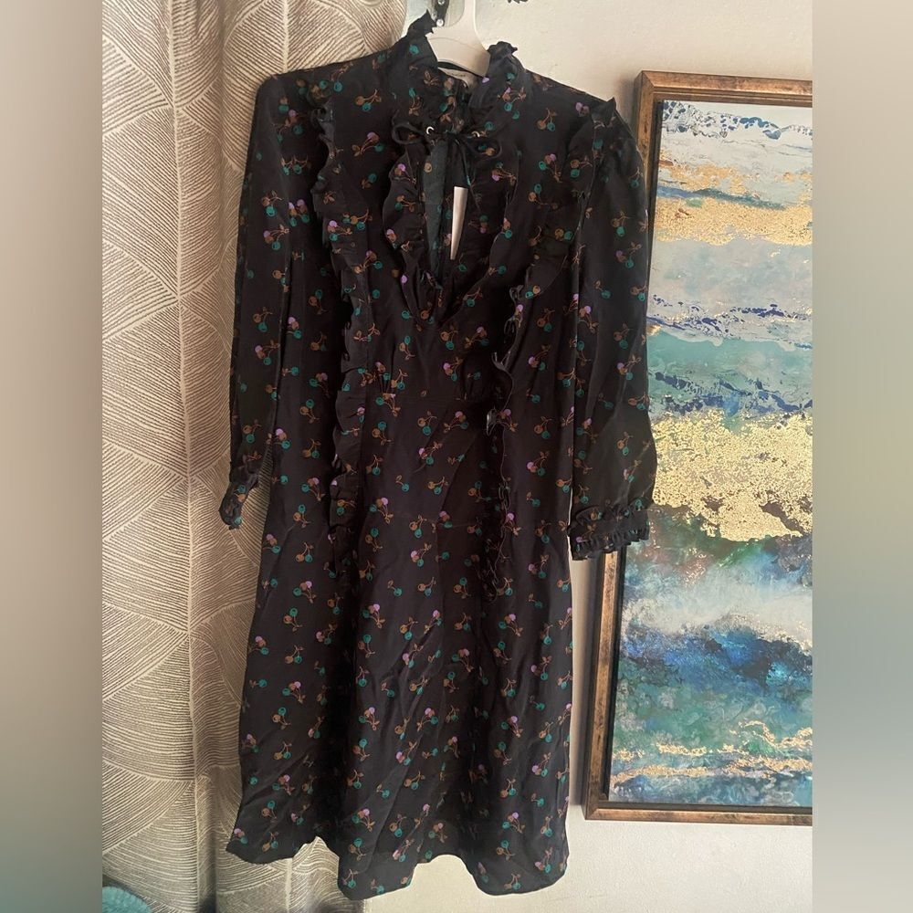 COACH Mini Dress Size XS  100% Silk Cherry Print Neck Ruffle Tie 3/4 Sleeve NWT